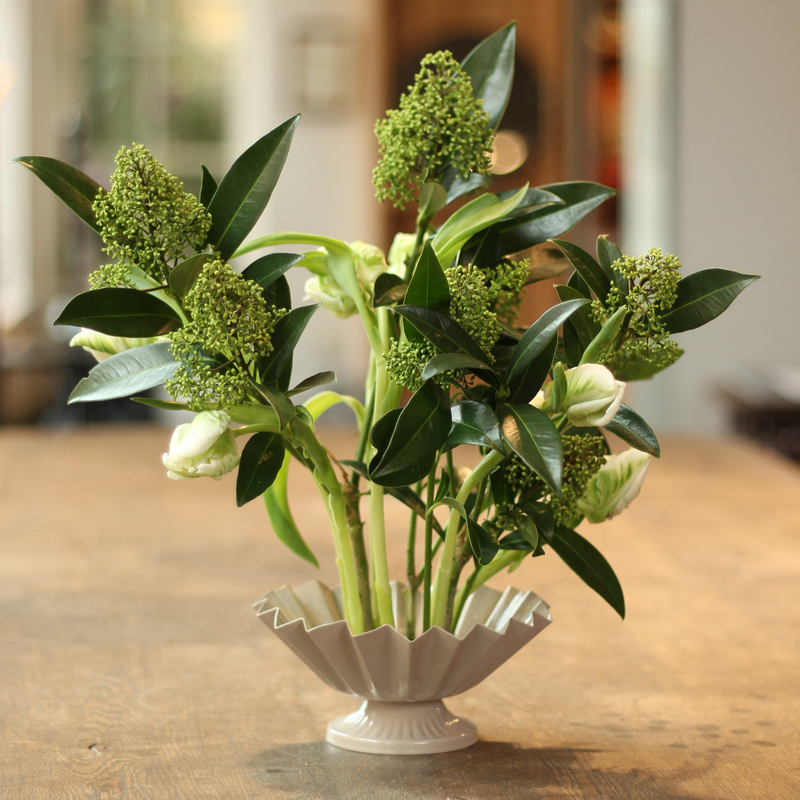 Elegant bloemstuk met groene ontluikende bloemen en weelderige bladeren in een klassieke witte gecanneleerde vaas verankerd op een kenzan ring, gepresenteerd op een houten oppervlak met een zacht vervaagde achtergrond.