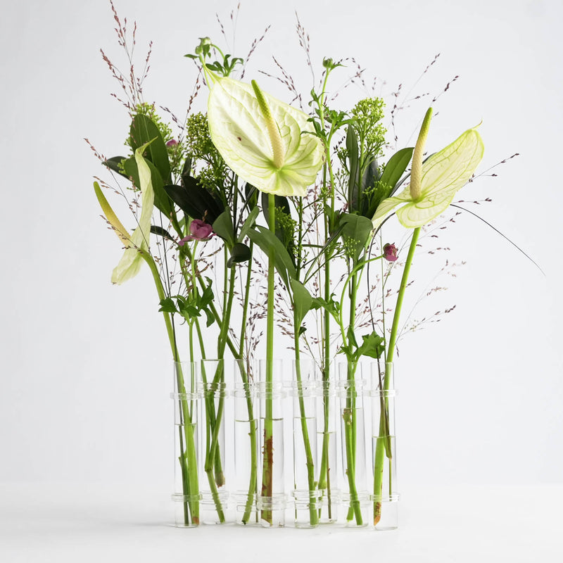 eight tall narrow cylindrical glass vases with beautiful flowers in water