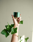 A hand with pink nail polish holds an Hanataba Ivy Green bouquet twister with logo printed in gold. The hand is also holding lush ivy leaves and the background is a light green wall with beautiful daylight.