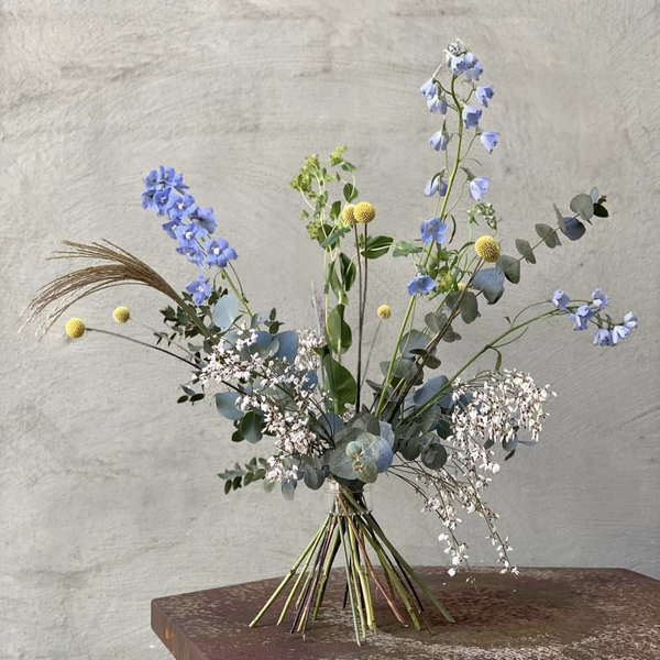 Ikebana bloemententoonstelling met blauwe riddersporen, gele craspedia en delicaat gipskruid, gearrangeerd met traditionele Hanataba spiraalstengelhouder met Japanse technieken.