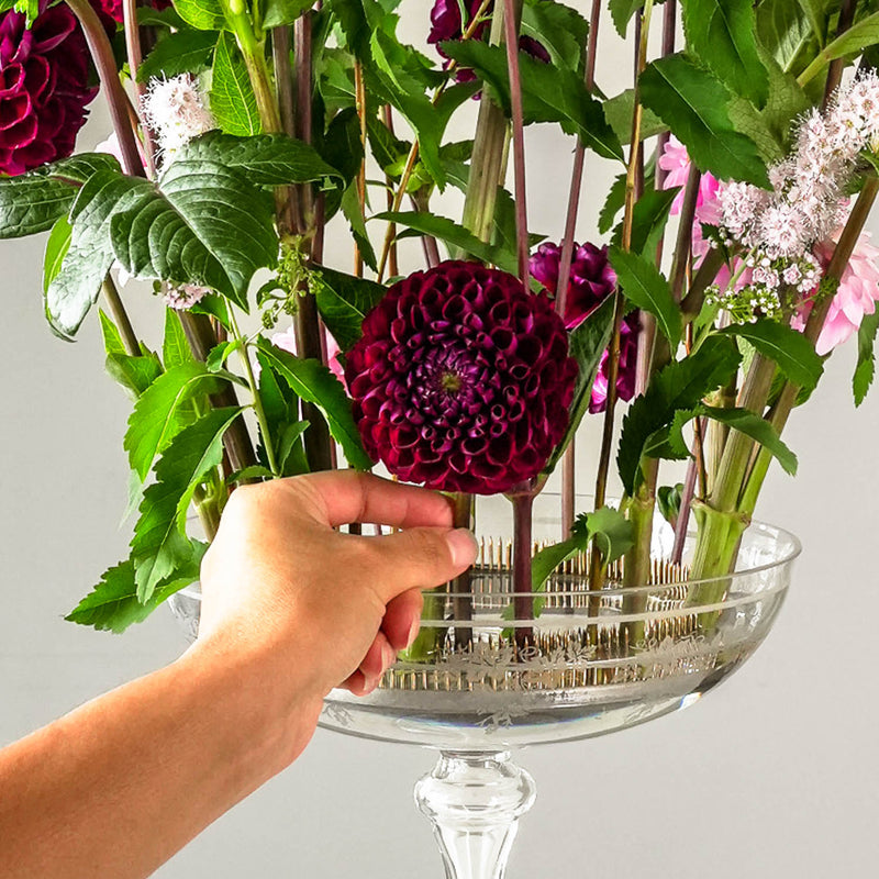 A hand is placing a purple dahlia flower in a flower frog ring with a beautiful floral arrangement. The kenzan ring is placed in a glass vase standing in front of a white background.